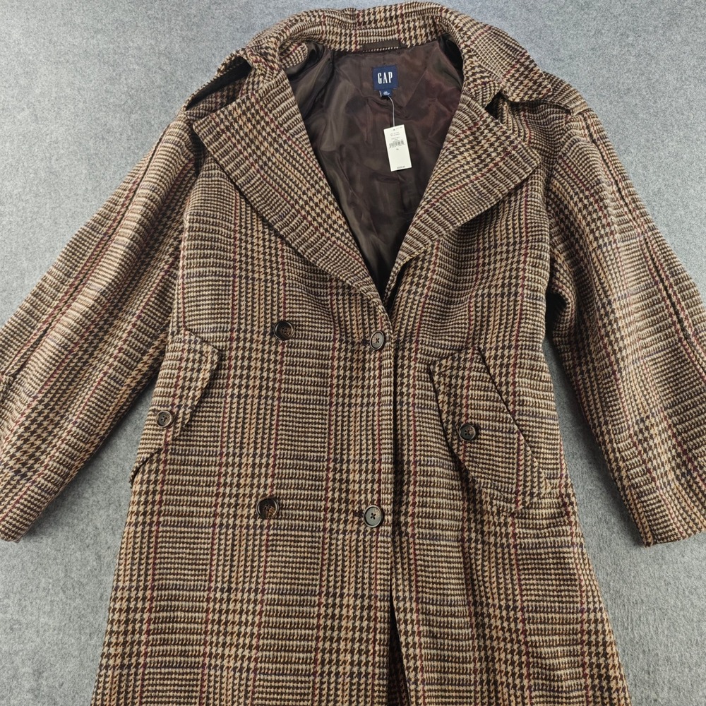 Gap Wool Blend Herringbone Trench Coat Womens XL Brown Longline Belted Outerwear